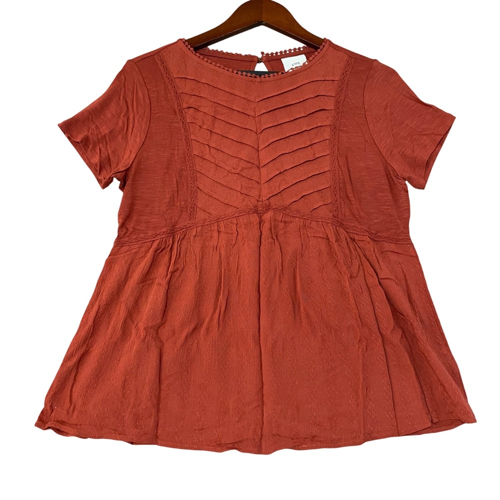 Knox Rose Women's S Red Pintuck Peplum Blouse Rayon Short Sleeve Top